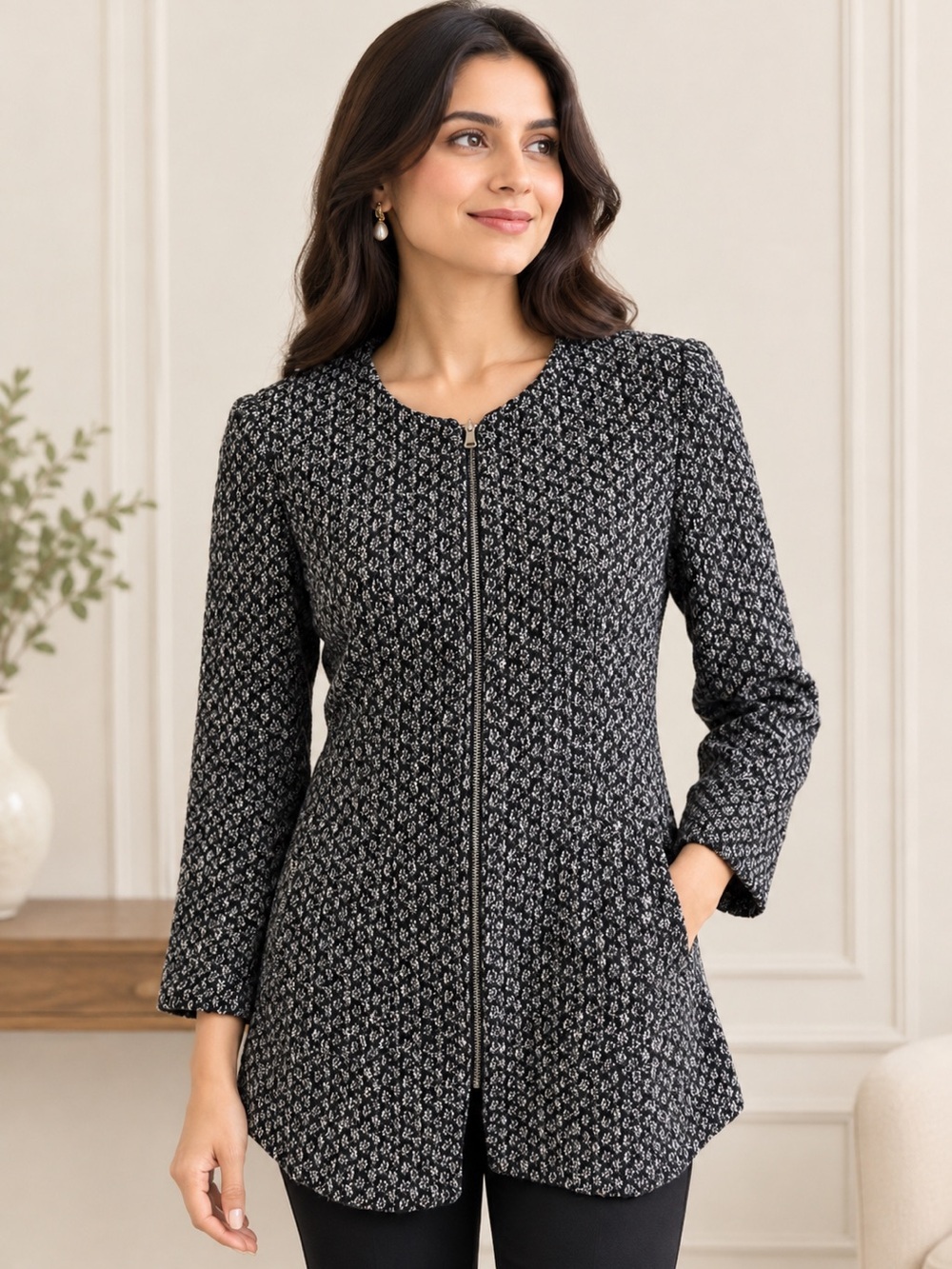 ZARA Tweed Jacket Blazer Full Zip Lined Womens Size Small Black White Office